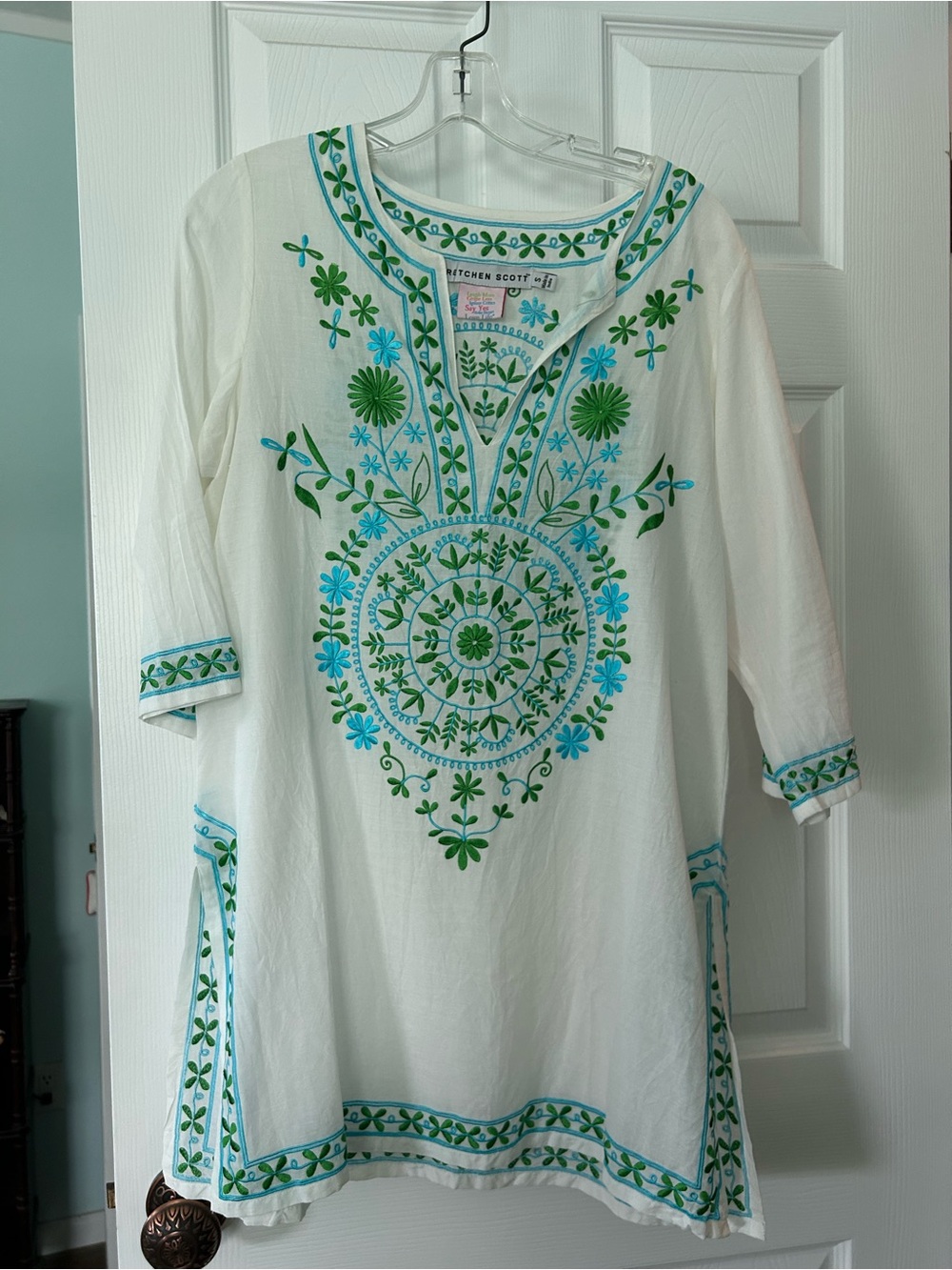 Gretchen Scott Designs White Tunic with Blue & Green Embroidery